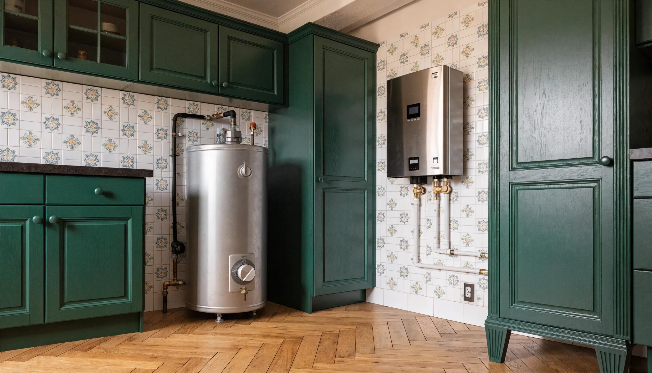 Comparison of tank and tankless water heaters in a kitchen setting, highlighting space and efficiency.
