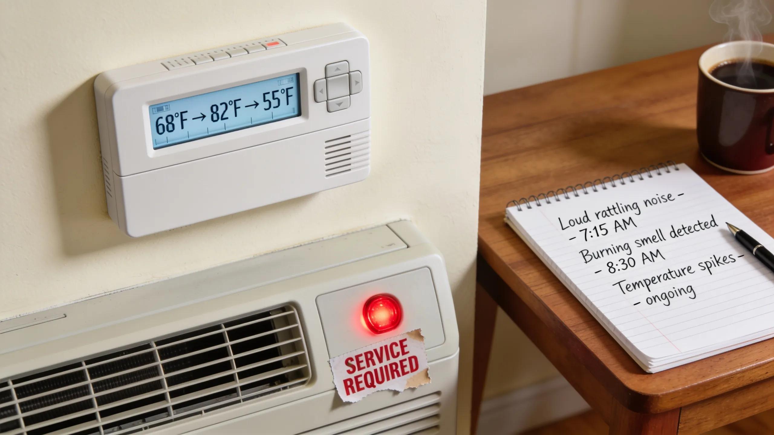Close-up of a faulty thermostat and HVAC system, highlighting emergency signs indicating the need for professional heating repairs