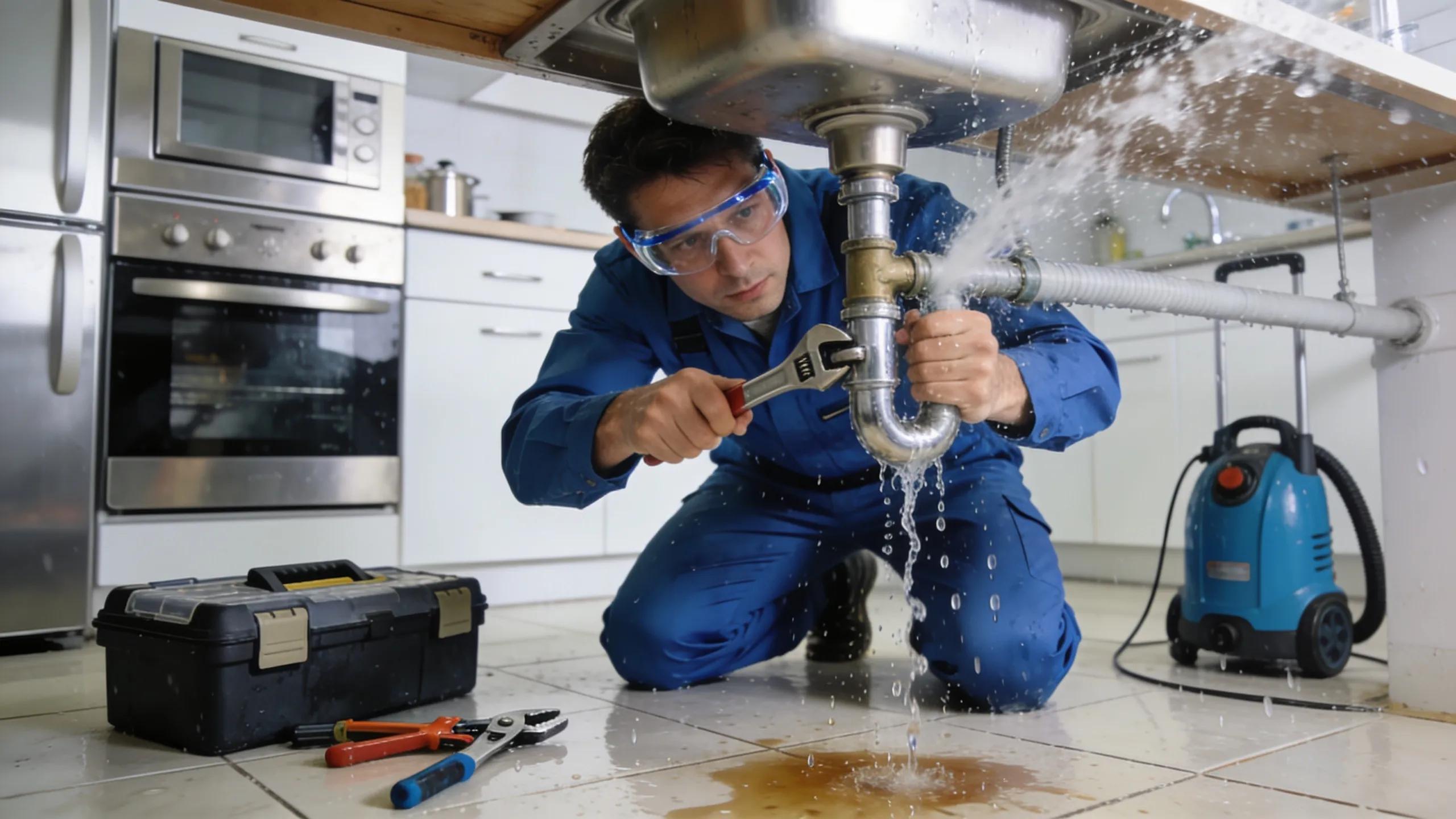 Emergency plumber fixing a burst pipe in a residential kitchen