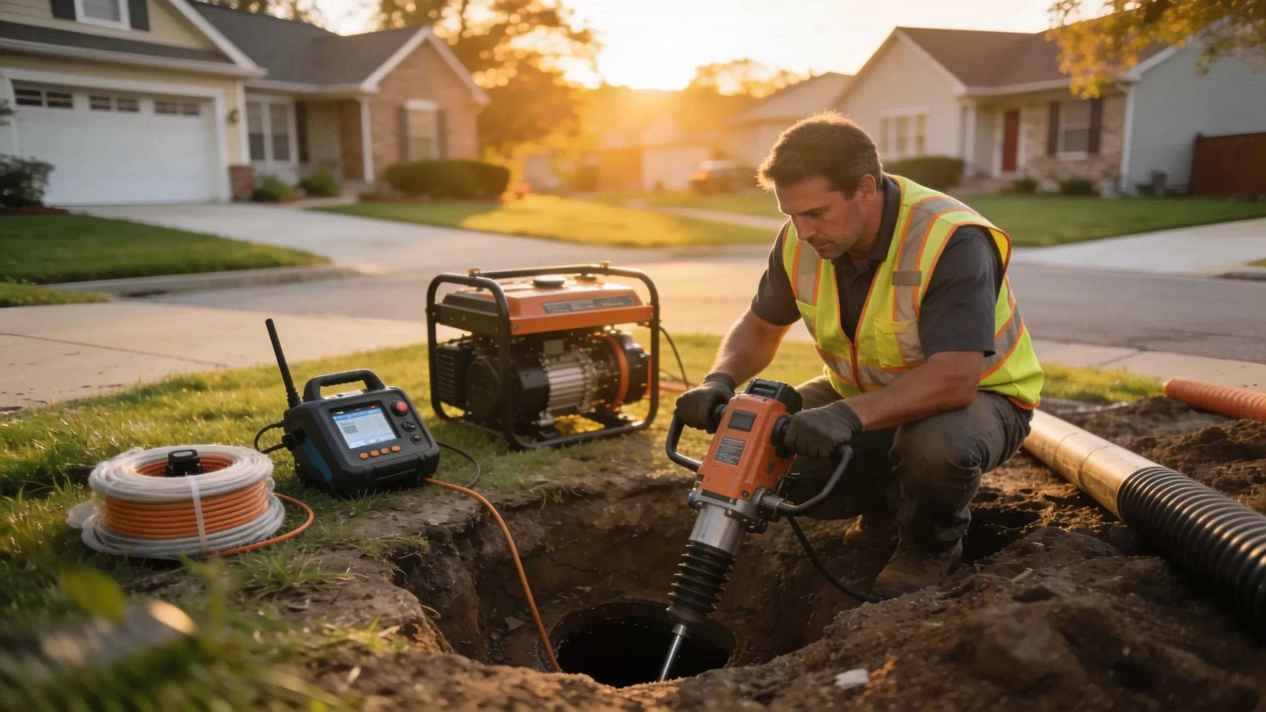 Trenchless sewer repair in action with modern equipment in a suburban New Jersey setting