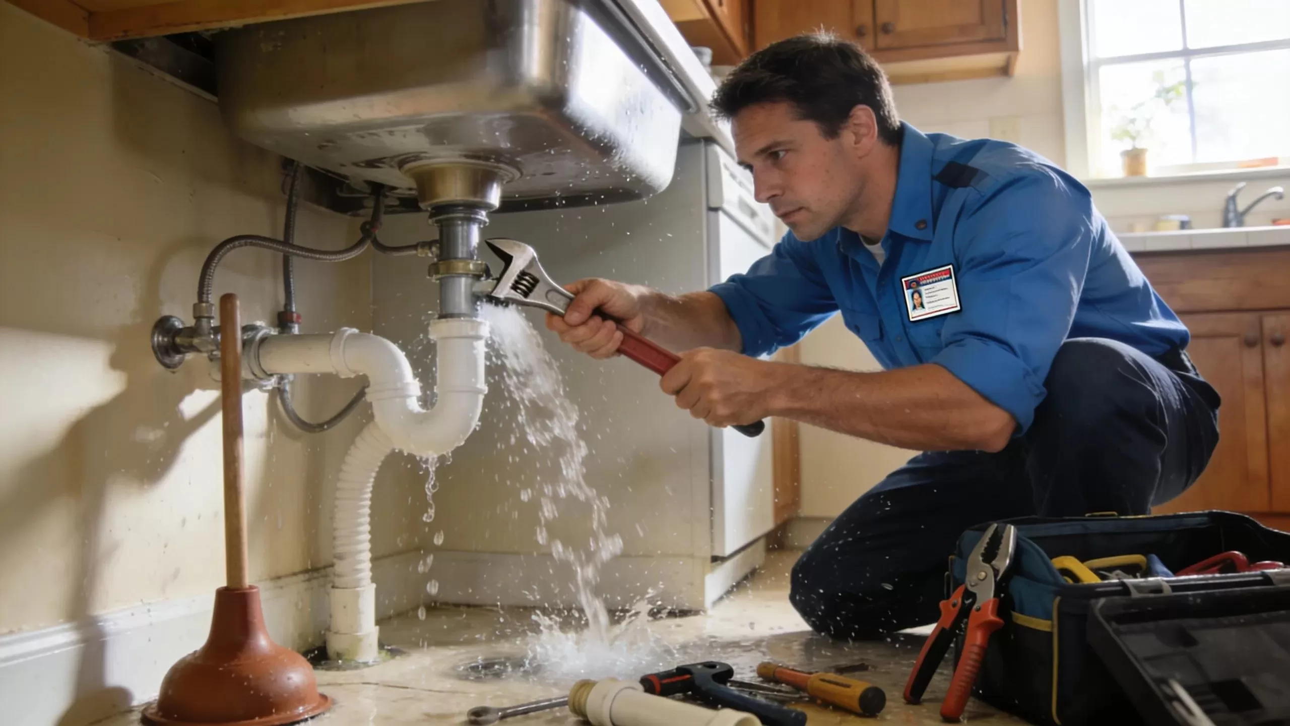 Licensed plumber addressing an emergency plumbing situation in a Belleville, NJ home, signifying the importance of hiring licensed professionals