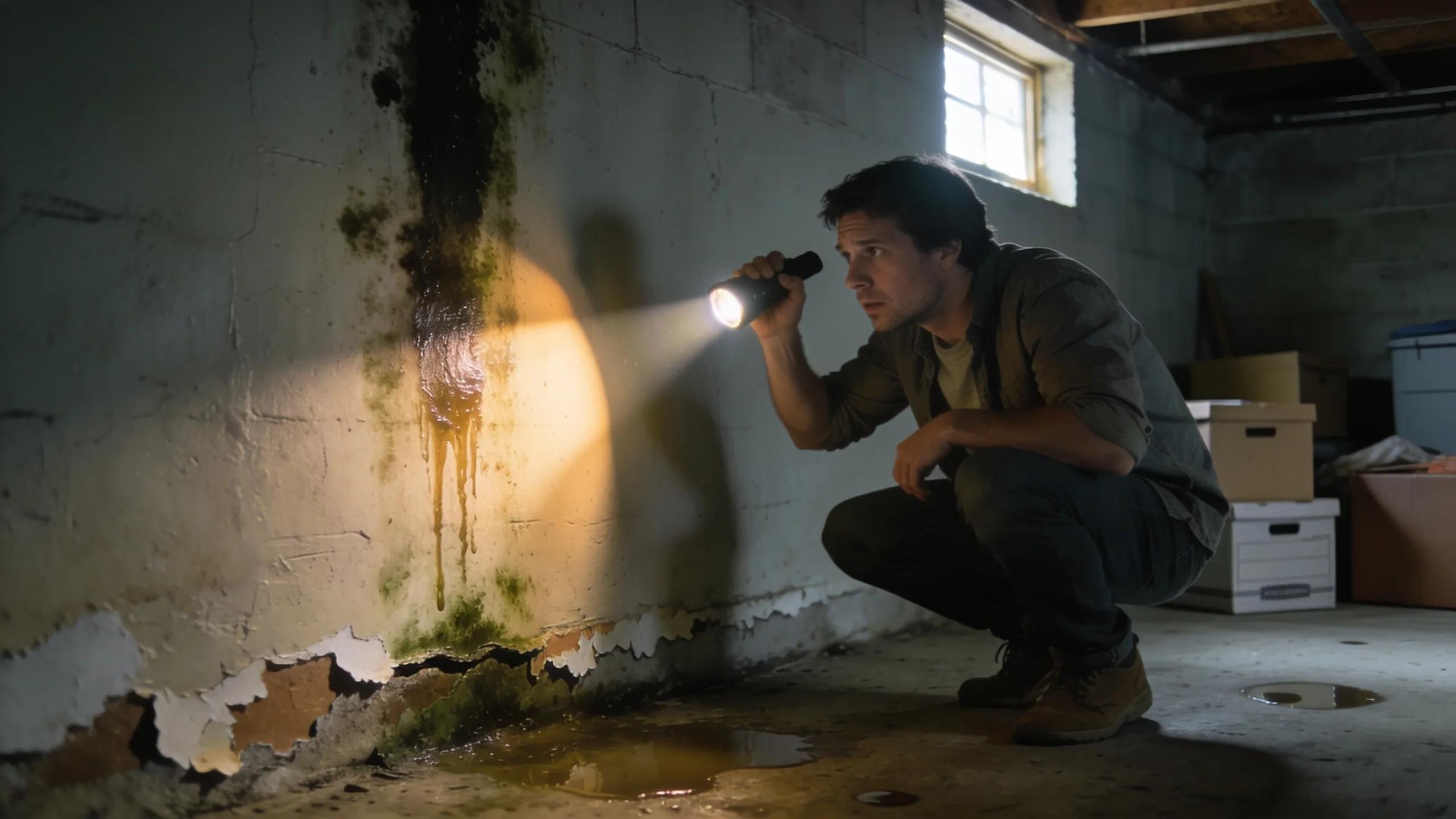 Homeowner inspecting damp wall for water leaks