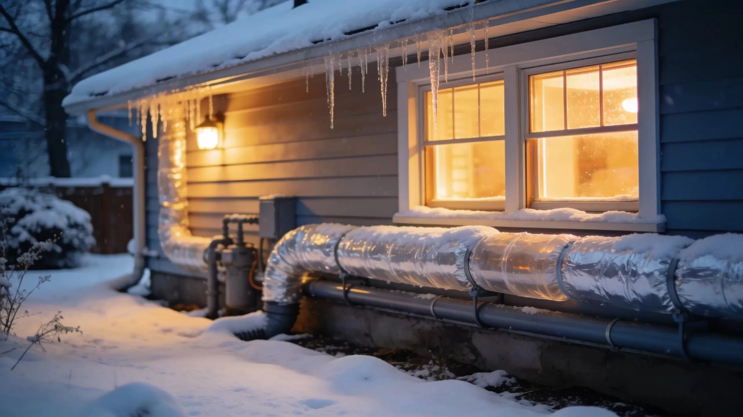New Jersey home during winter with visible plumbing protection and icicles highlighting frozen pipe prevention