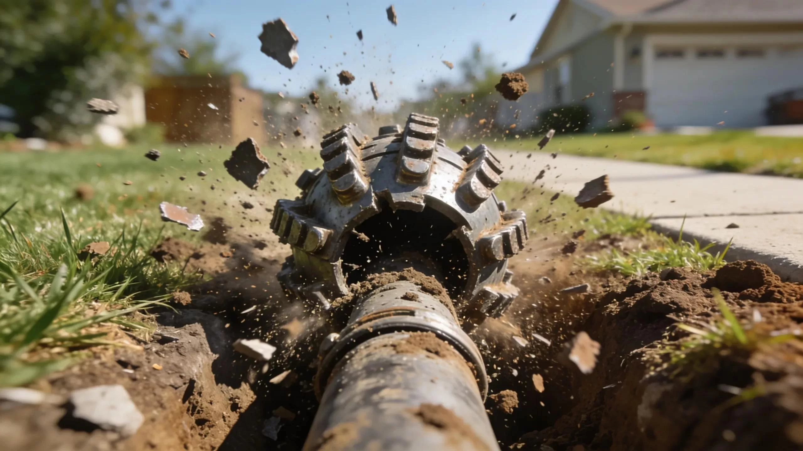 Pipe bursting method with a bursting head replacing old sewer lines in an urban setting