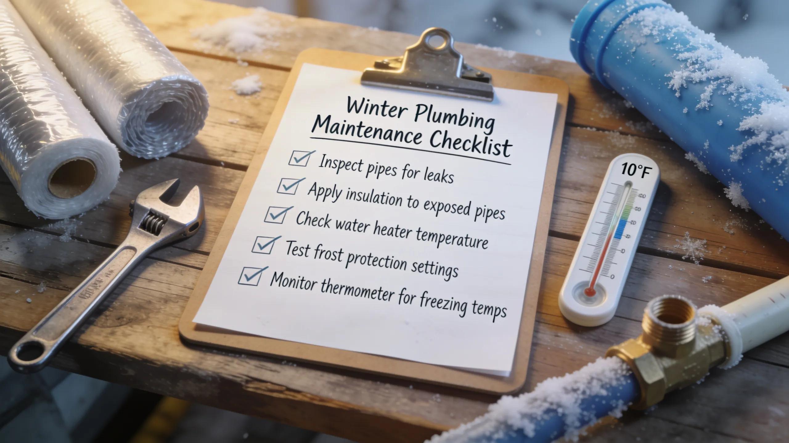 Winter plumbing maintenance checklist with tools and materials for preventing frozen pipes