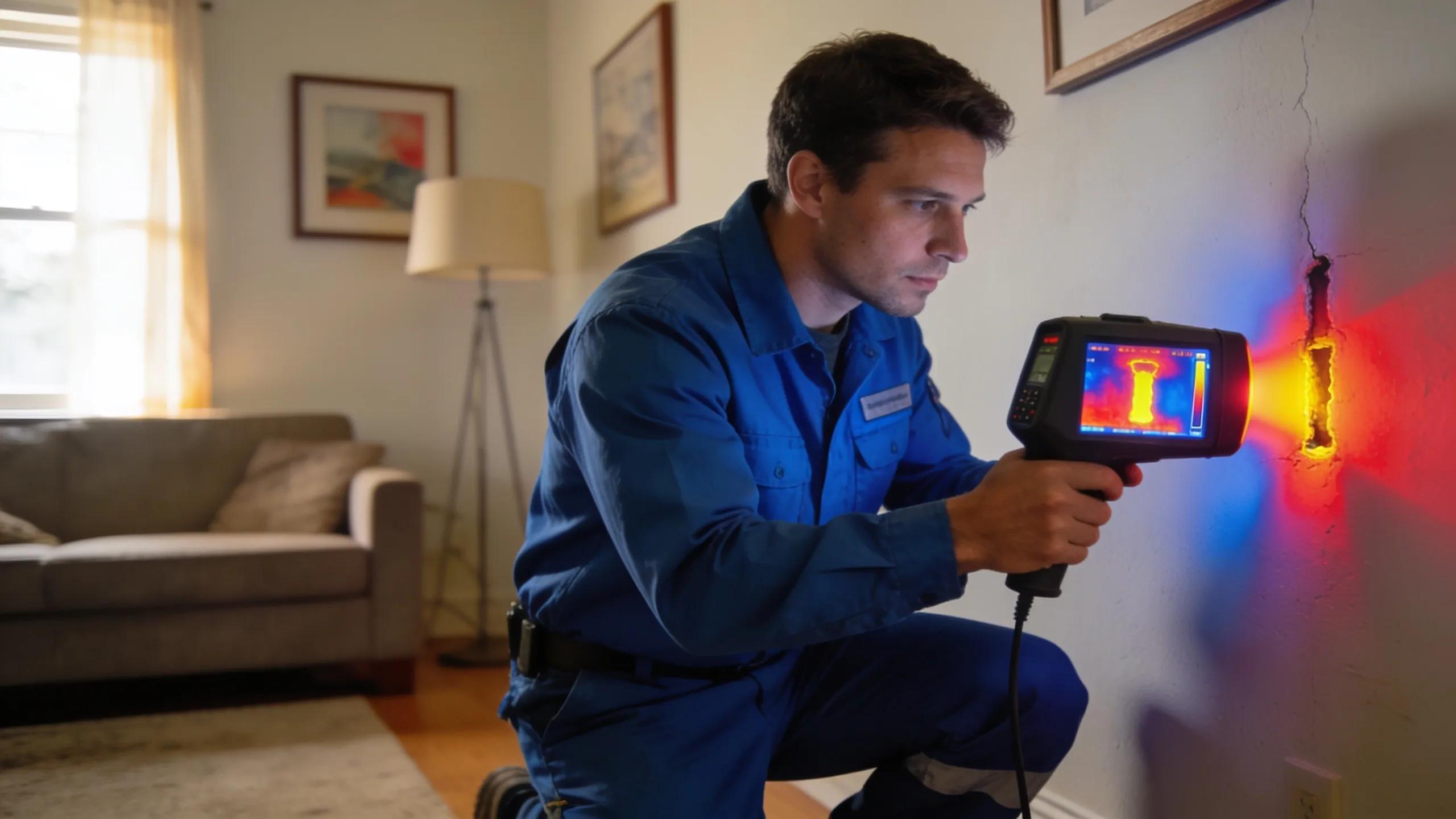 Technician using thermographic camera for leak detection