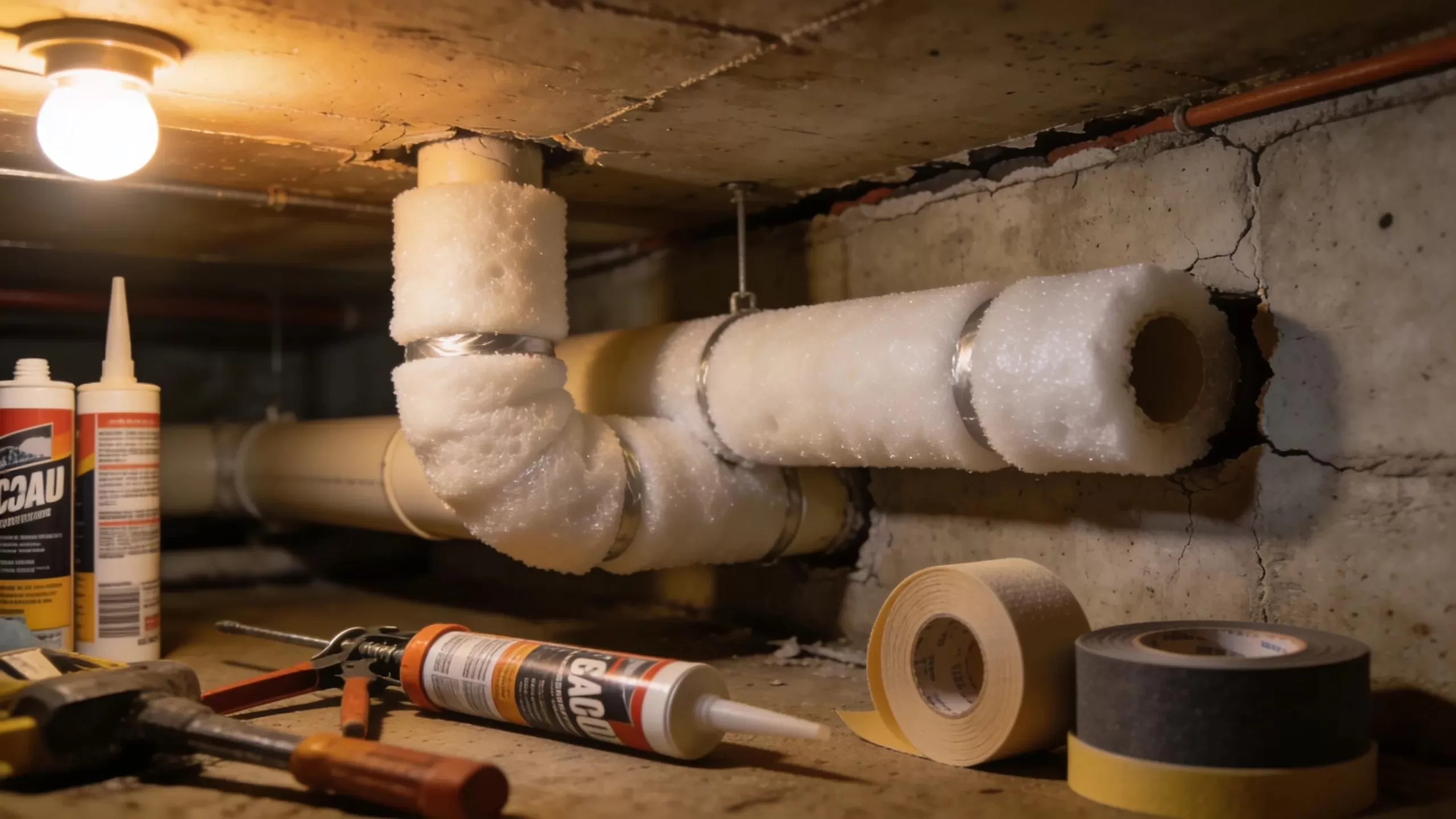 Insulated pipes in a basement, showcasing tools for preventing frozen pipes during winter