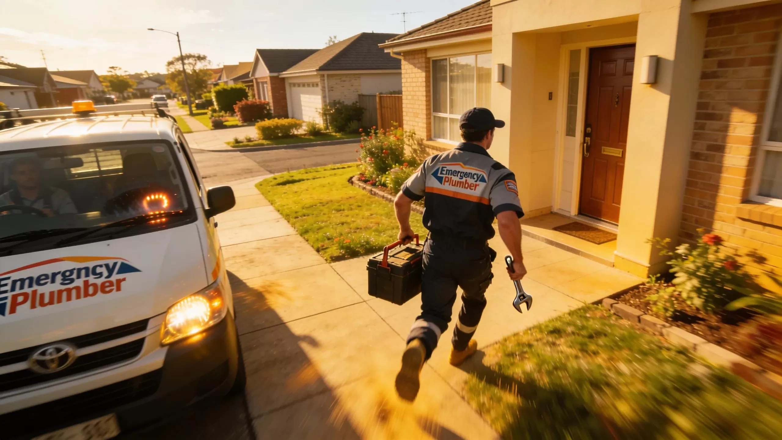 Emergency plumber arriving quickly at a home to provide urgent plumbing services.