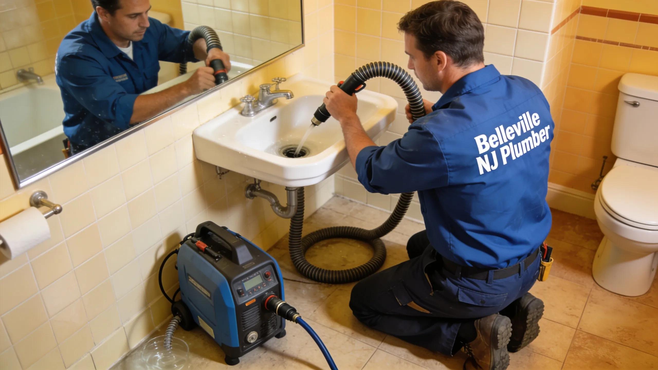 Professional plumber addressing an emergency drain cleaning situation at a home in Belleville, NJ