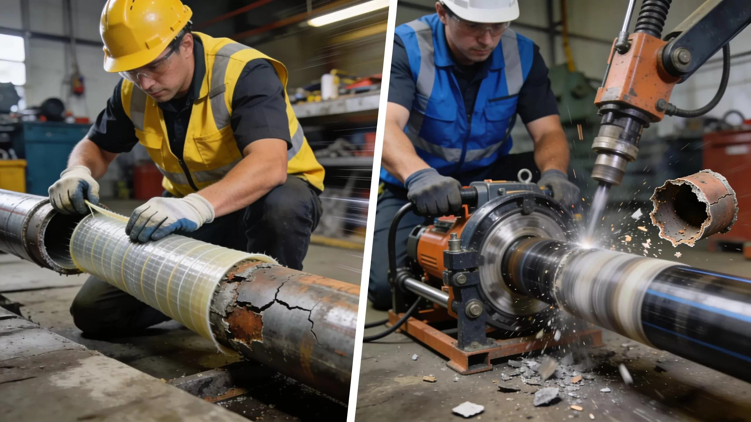 Comparison of trenchless repair methods: CIPP lining and pipe bursting being executed in a sewer
