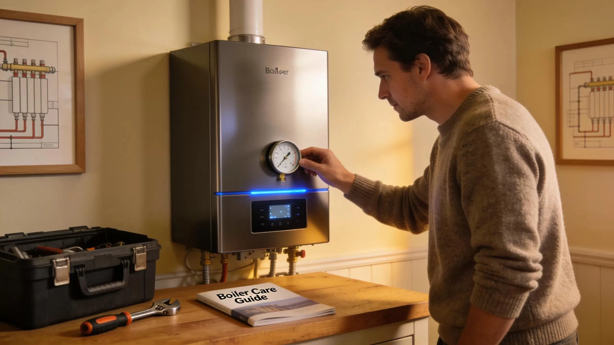 Homeowner checking the boiler pressure gauge to ensure proper maintenance