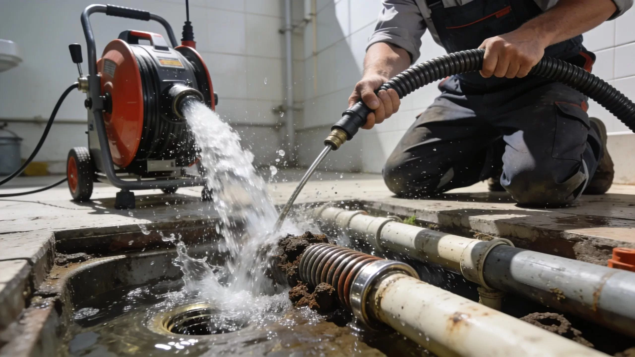 Plumber using high-pressure water jetting and drain snaking techniques to clear a clogged drain