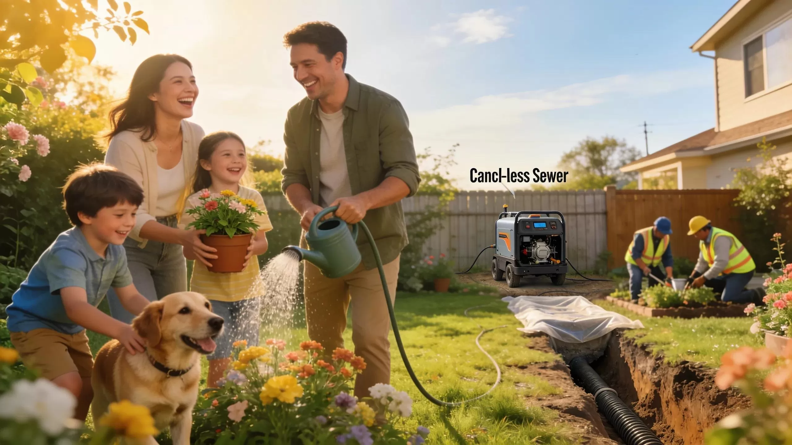 Satisfied family in a beautiful backyard illustrating ROI benefits of trenchless sewer repair, showcasing long-term value