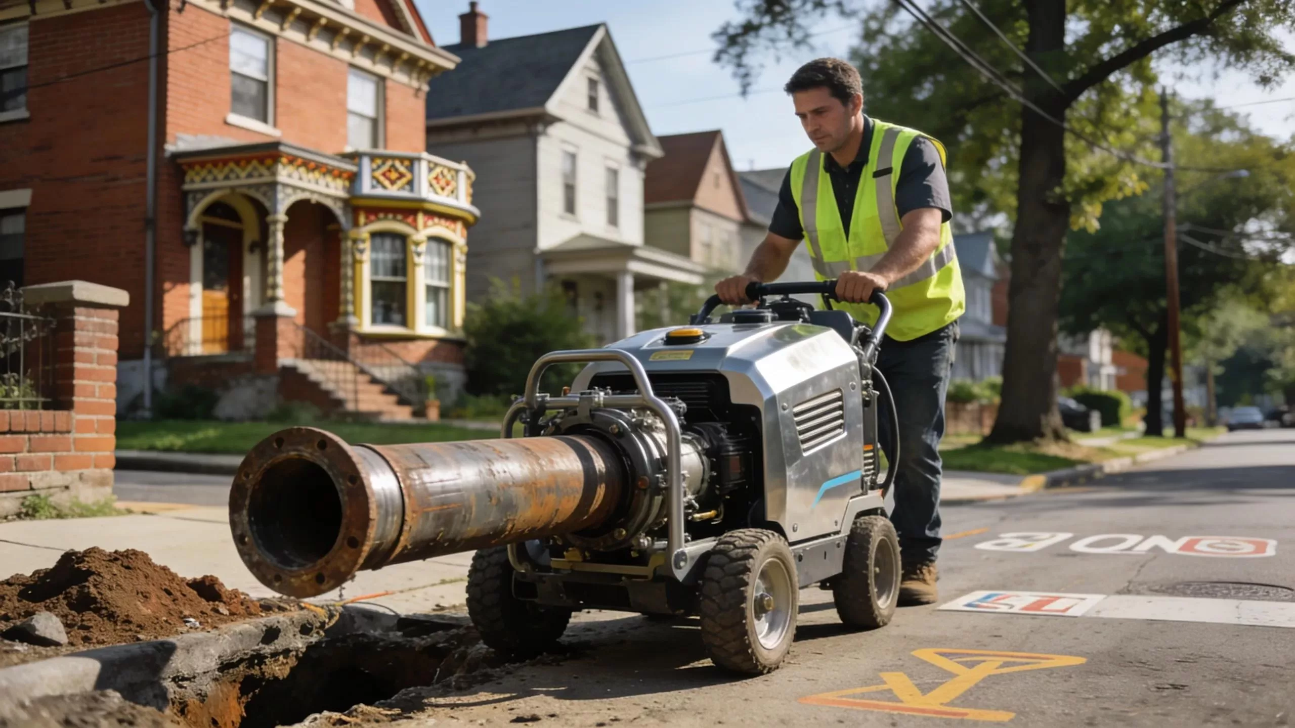 Trenchless sewer line installation in New Jersey, highlighting modern techniques in a historic setting