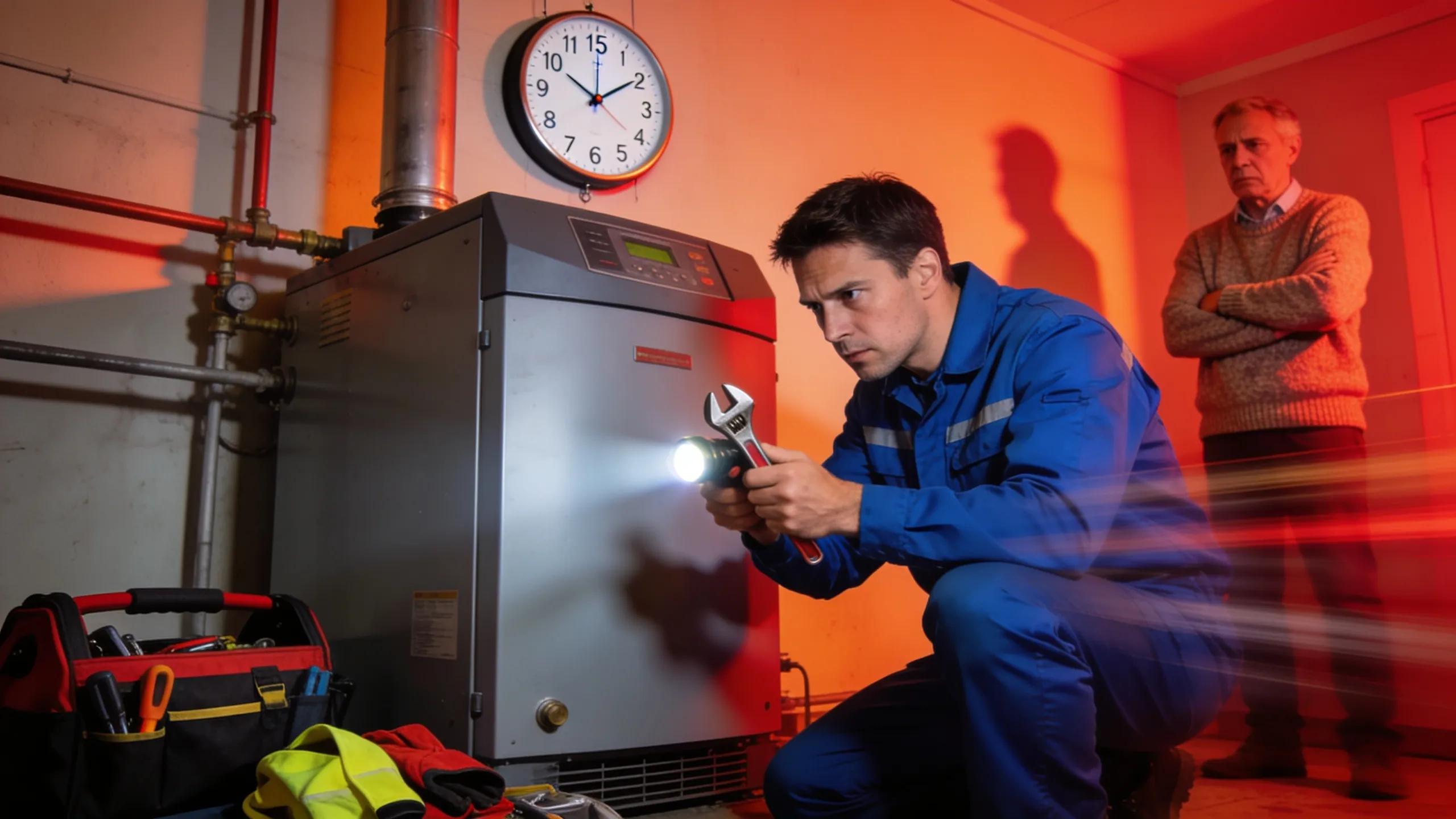 Heating technician addressing an emergency boiler repair in Montclair, illustrating quick response and professional service