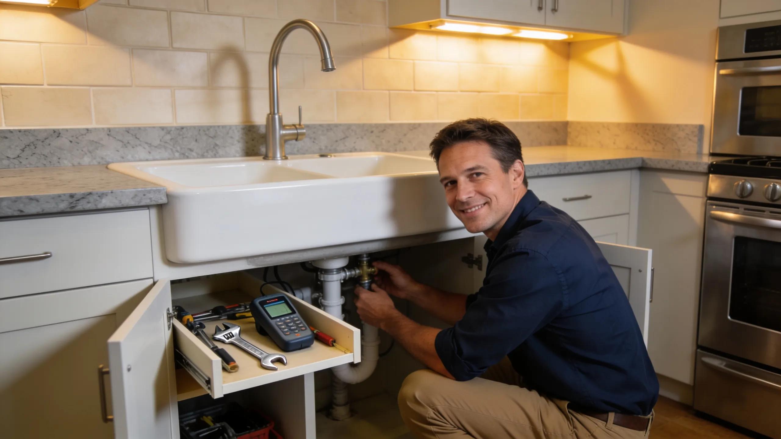 Homeowner inspecting plumbing under sink in Belleville NJ showcasing proactive maintenance
