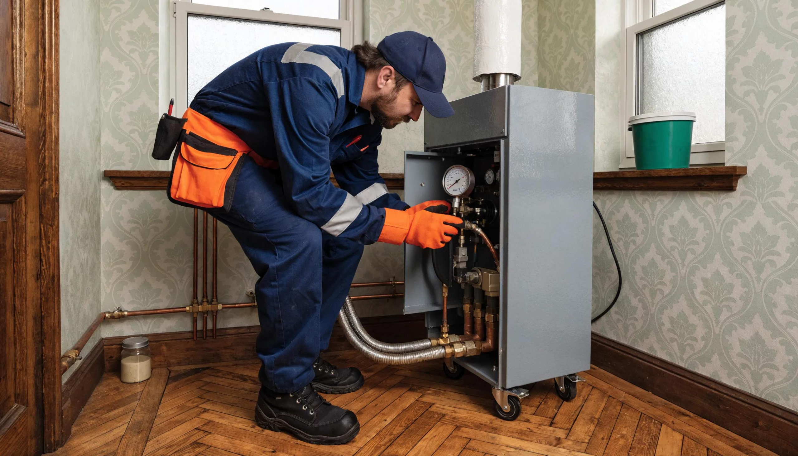 Technician conducting scheduled maintenance on a residential boiler, highlighting the importance of efficiency and safety