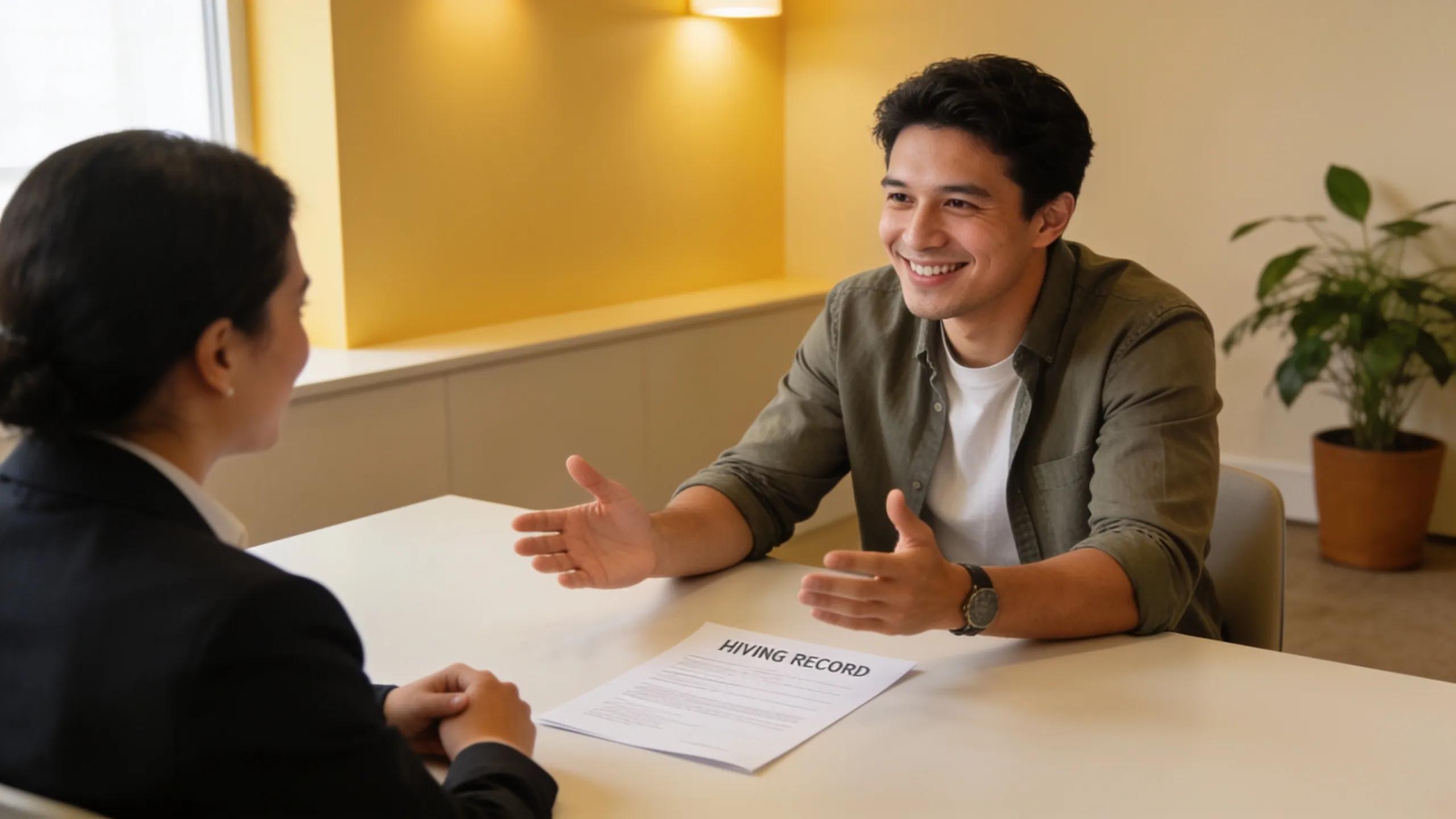 Job interview scene showcasing a candidate discussing qualifications with a hiring manager, emphasizing the benefits of expungement on employment