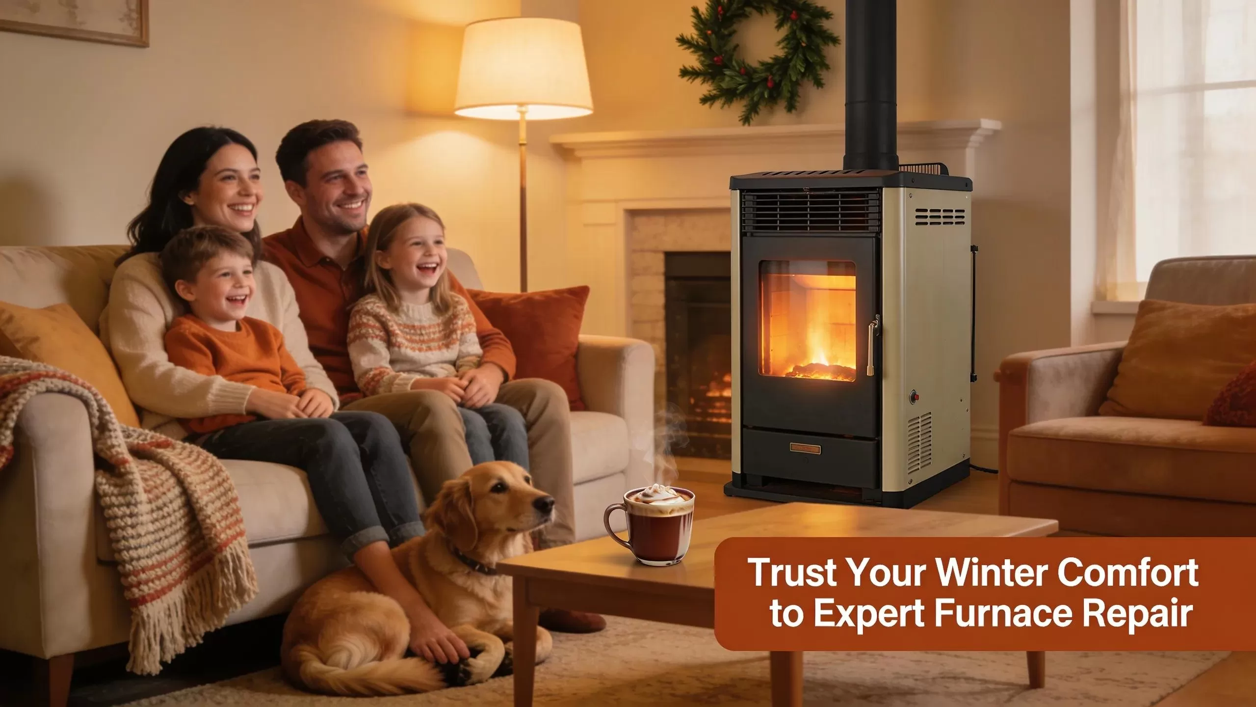 Cozy family room with a furnace in winter, embodying warmth and comfort