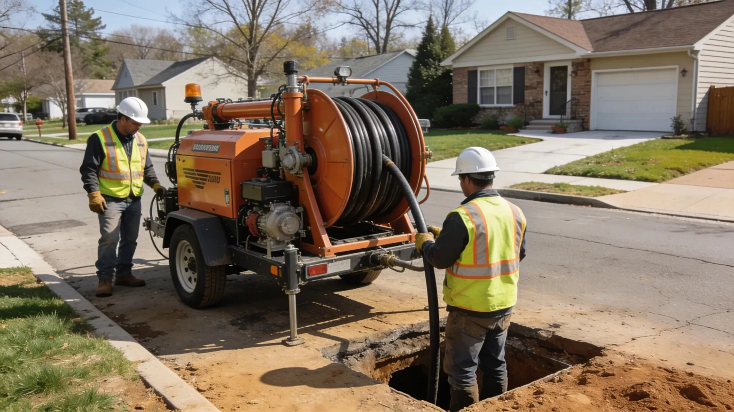 Trenchless sewer line repair process demonstrating no-dig technology in New Jersey residential area