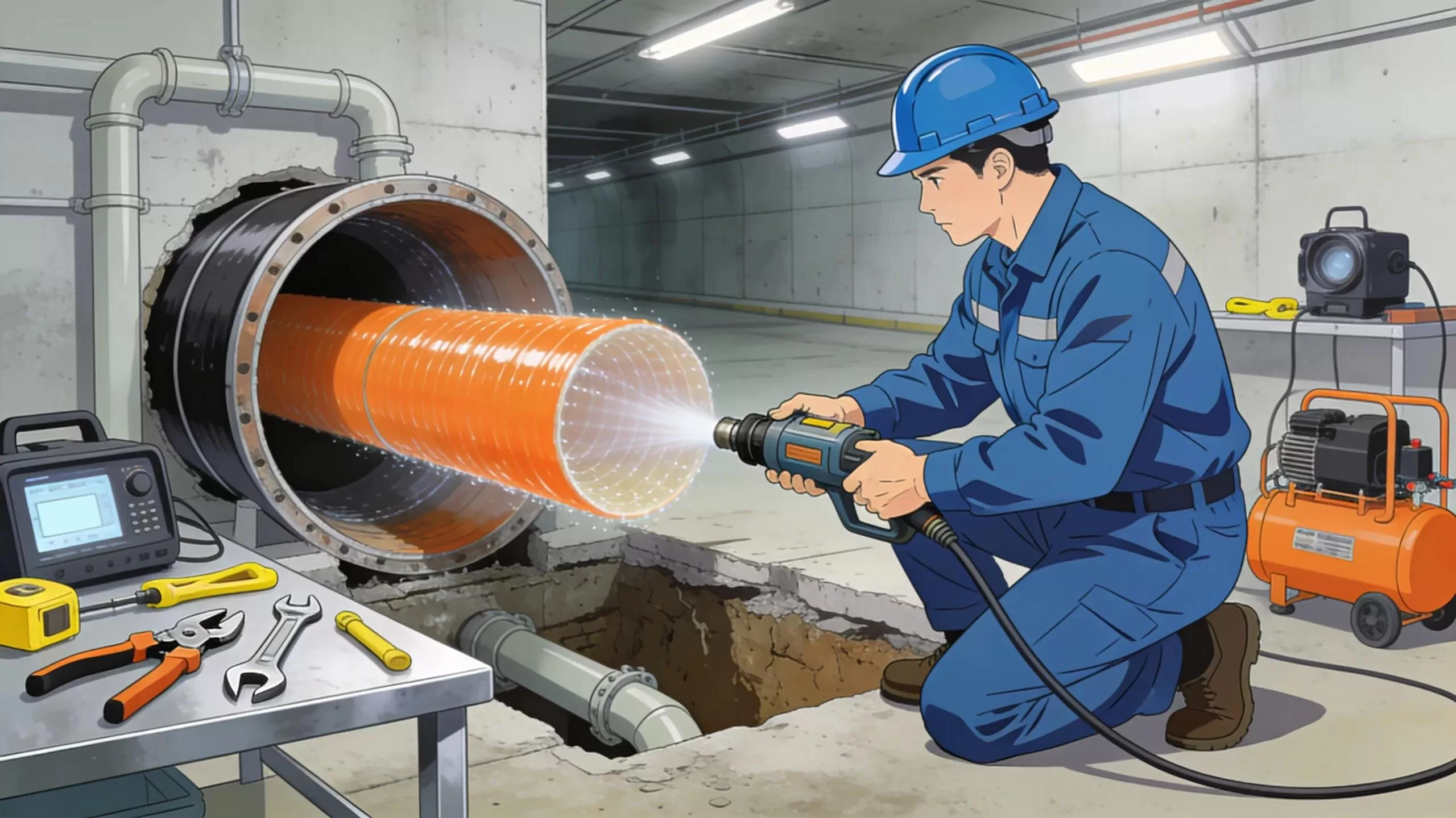 Technician performing CIPP lining in a sewer pipe, showcasing trenchless repair techniques