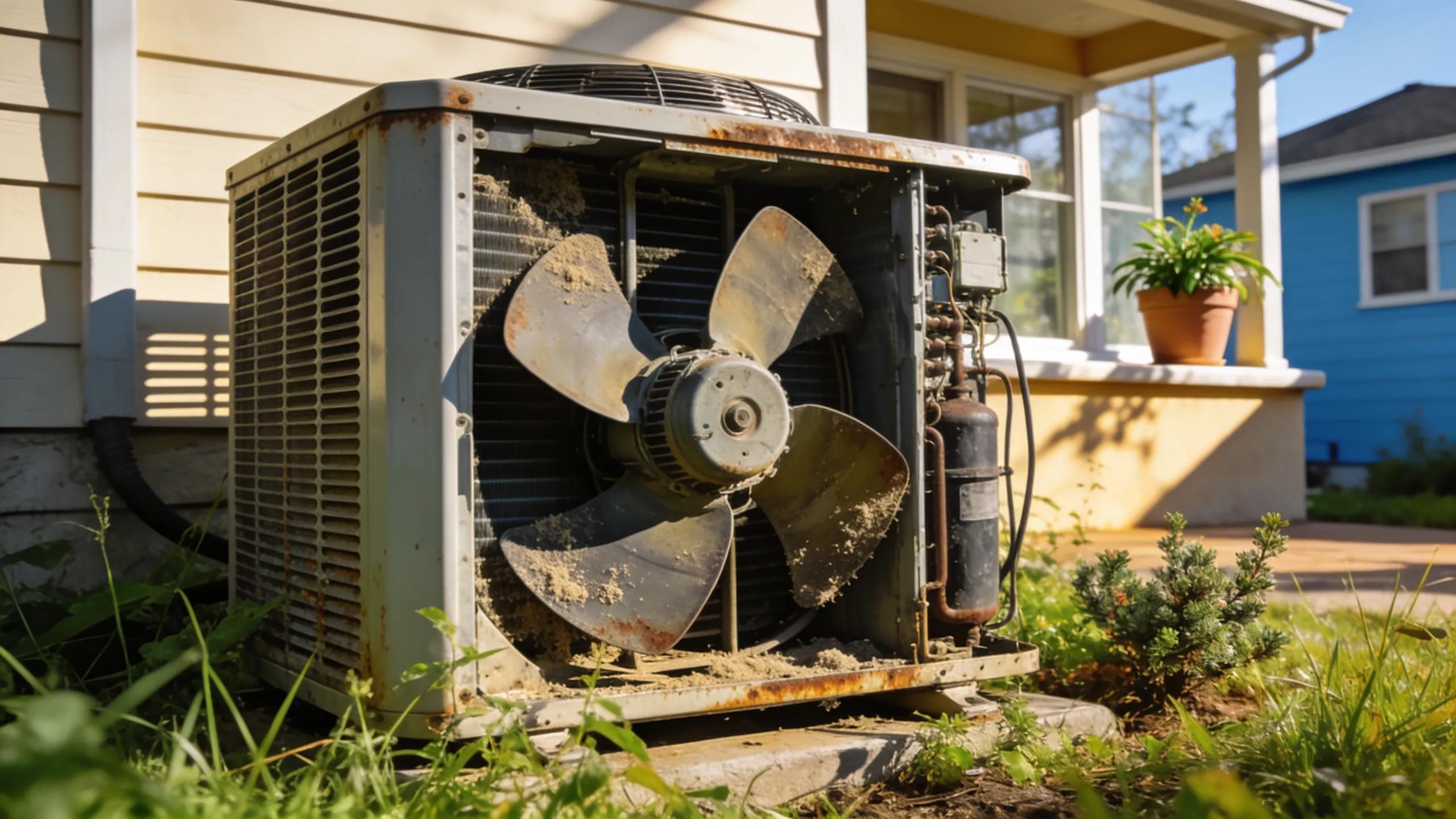 Struggling air conditioning unit with visible maintenance issues reflecting the importance of compressor health